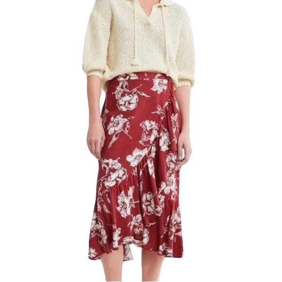NWOT ZARA Skirt M Wrap Ruffle Midi Floral Linen Blend...